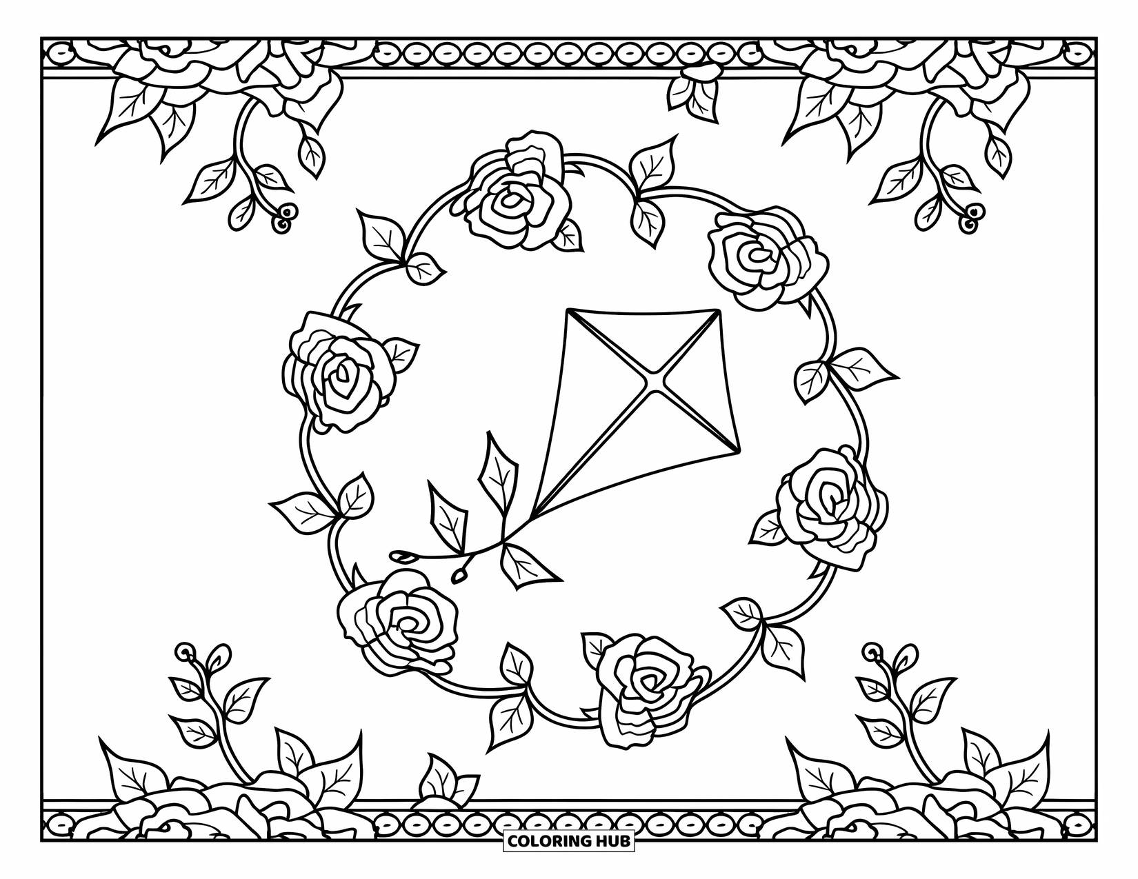 Kite Coloring Page for Adults: A heart-shaped kite framed by floral spirals and decorative borders