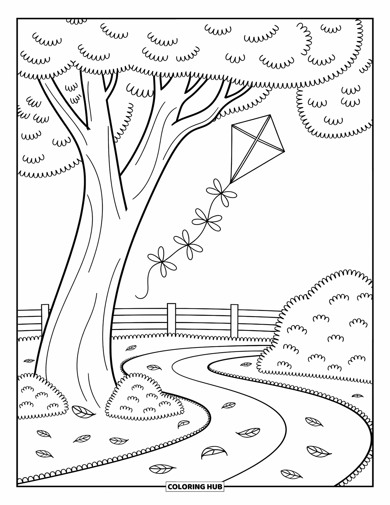 Kite Coloring Page for Adults: A kite caught in a leafy tree near a rustic fence and path