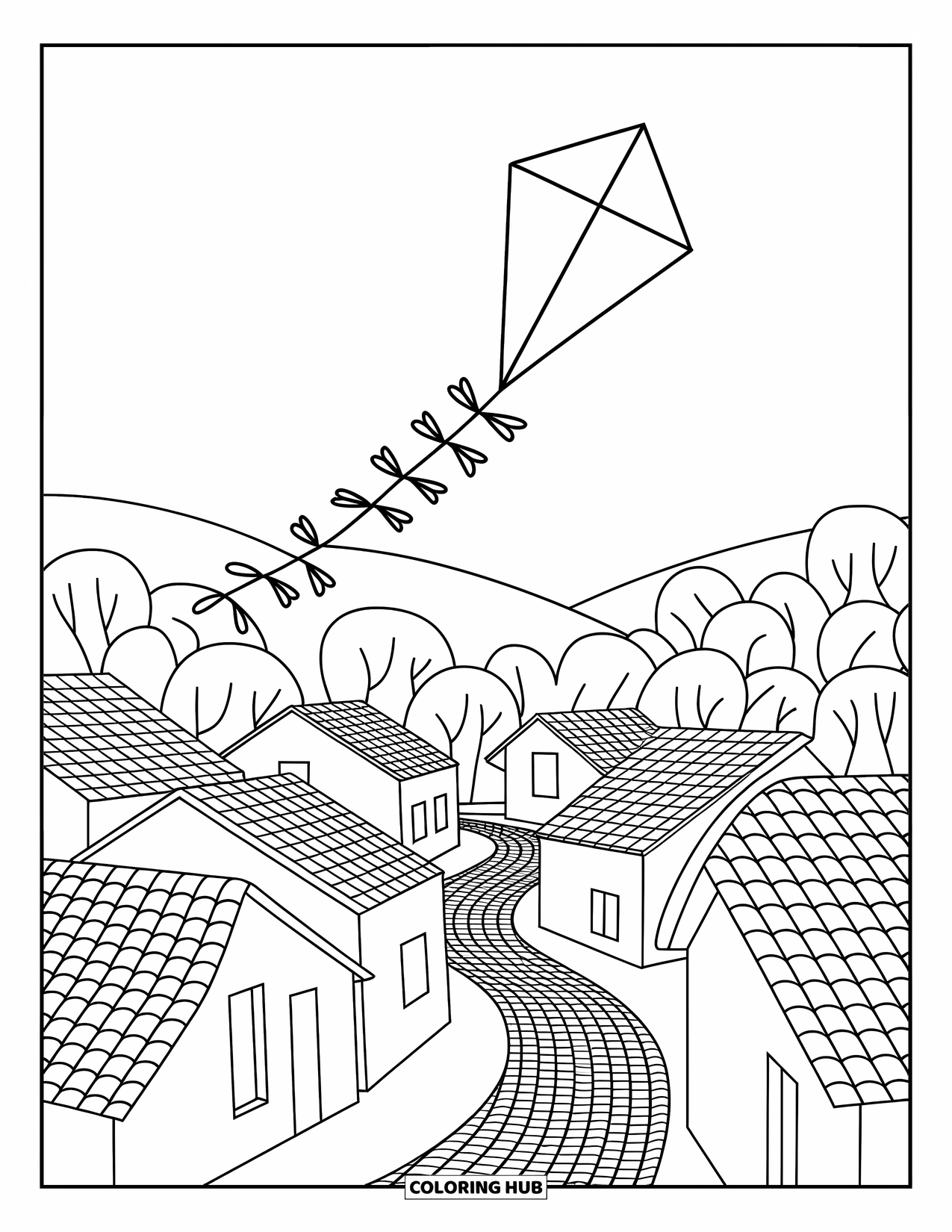 Kite Coloring Page for Adults: A kite glides above a cozy village with rounded rooftops below