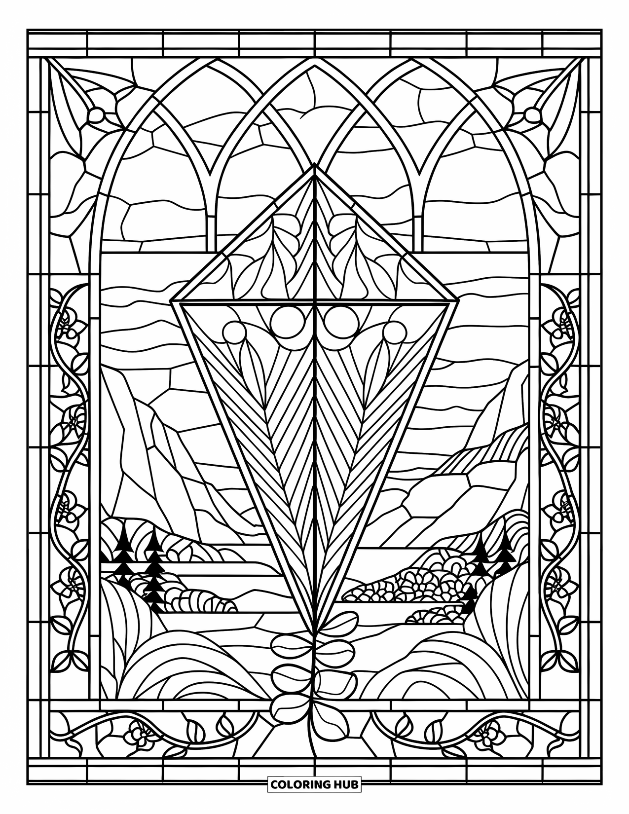 Kite Coloring Page for Adults: A shield kite in a stained glass frame with vines and scenic details