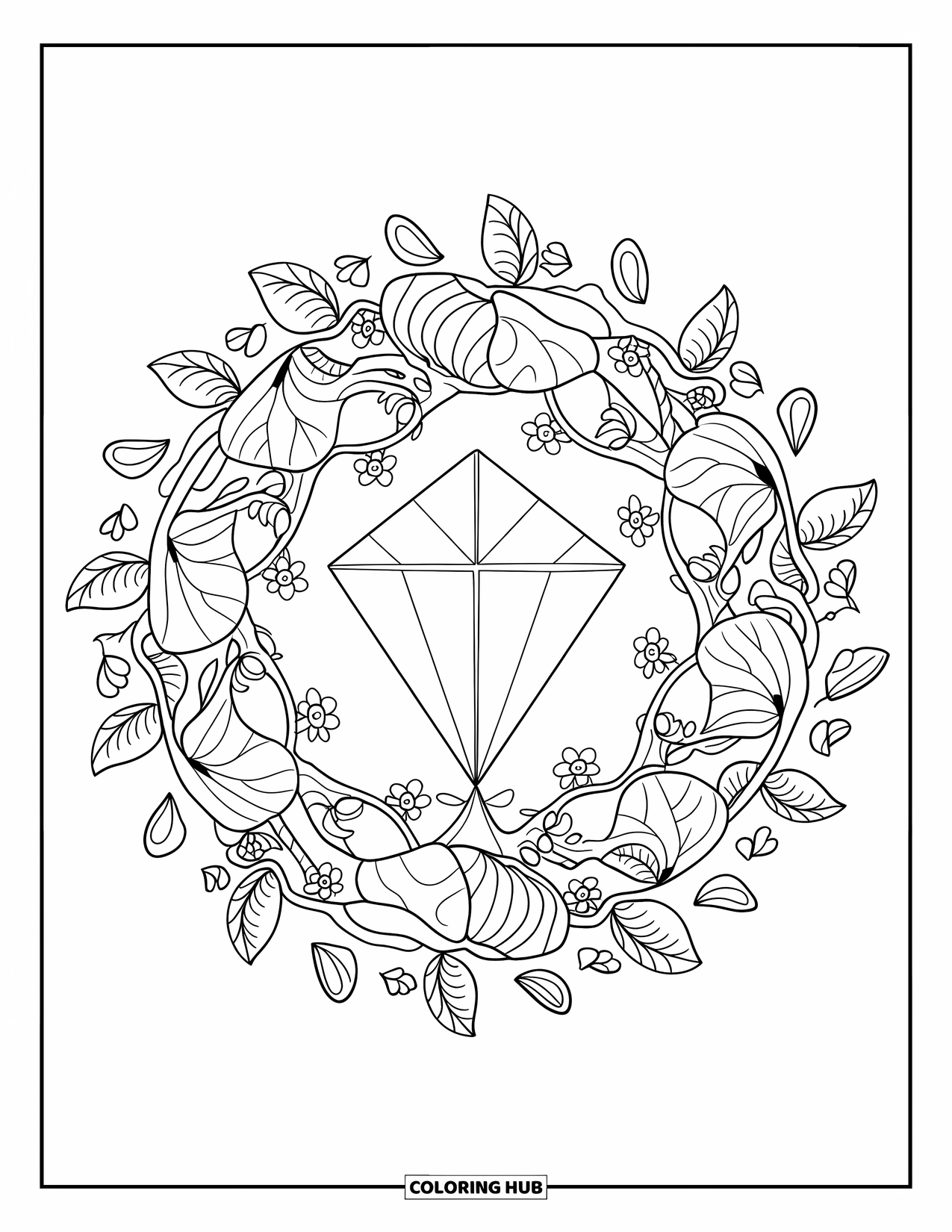 Kite Coloring Page for Adults: A simple diamond kite framed by vines, flowers, and curved leaves