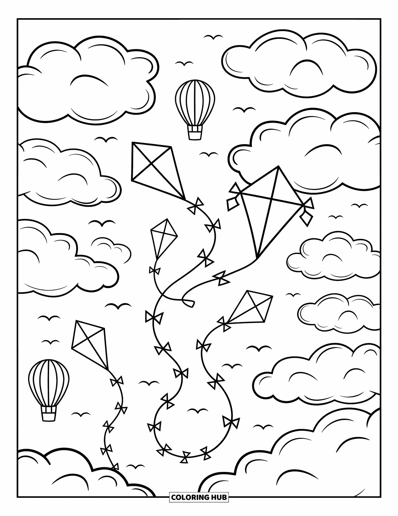 Kite Coloring Page for Adults: A sky full of clouds and kites floating beside distant hot air balloons