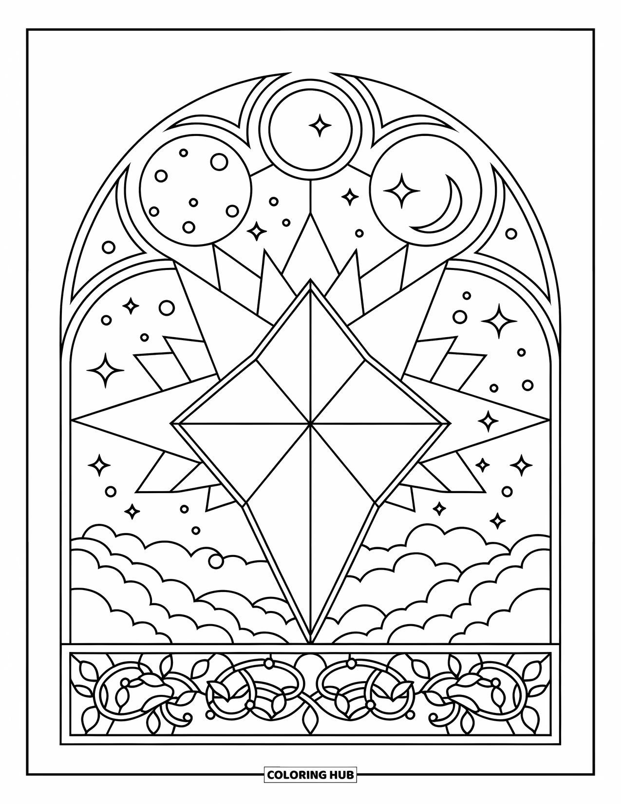 Kite Coloring Page for Adults: A star kite framed by a night sky and a vine-patterned border
