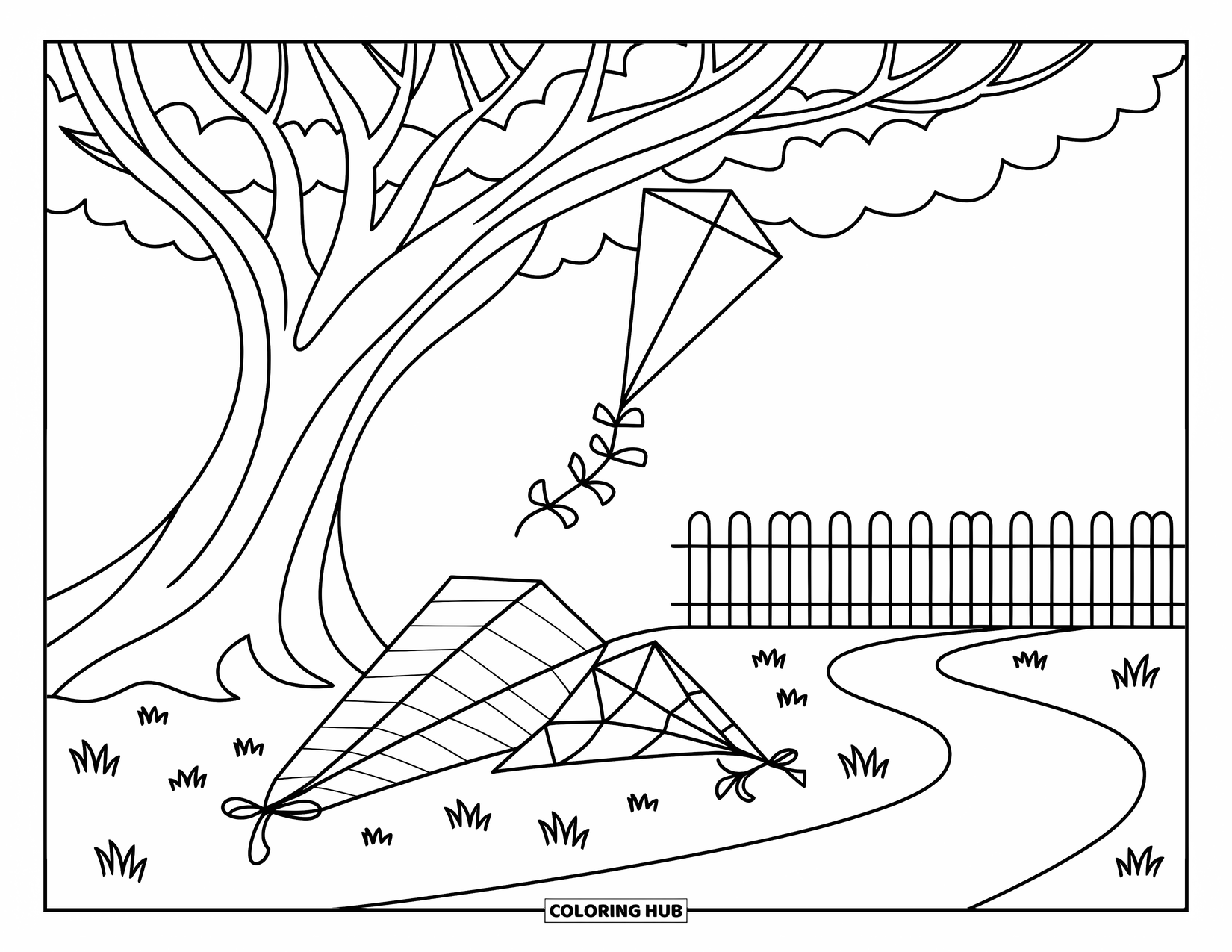 Kite Coloring Page for Adults: A tree cradles a kite while two others lie beside a winding park path