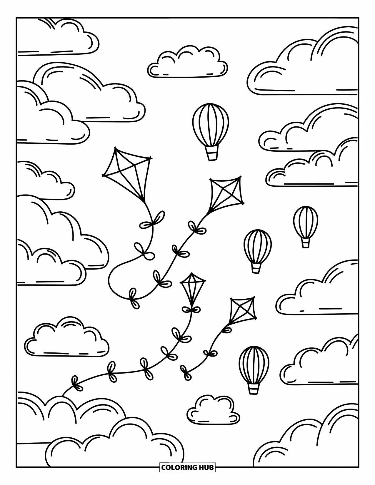 Kite Coloring Page for Adults: Fluffy clouds fill the sky as kites and hot air balloons drift by