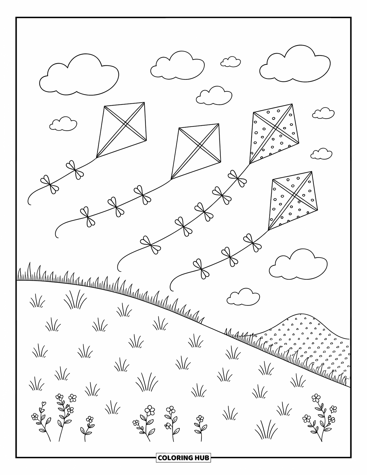 Kite Coloring Page for Adults: Kites of all shapes-diamond, delta, and dragon-fly above a flowered hill