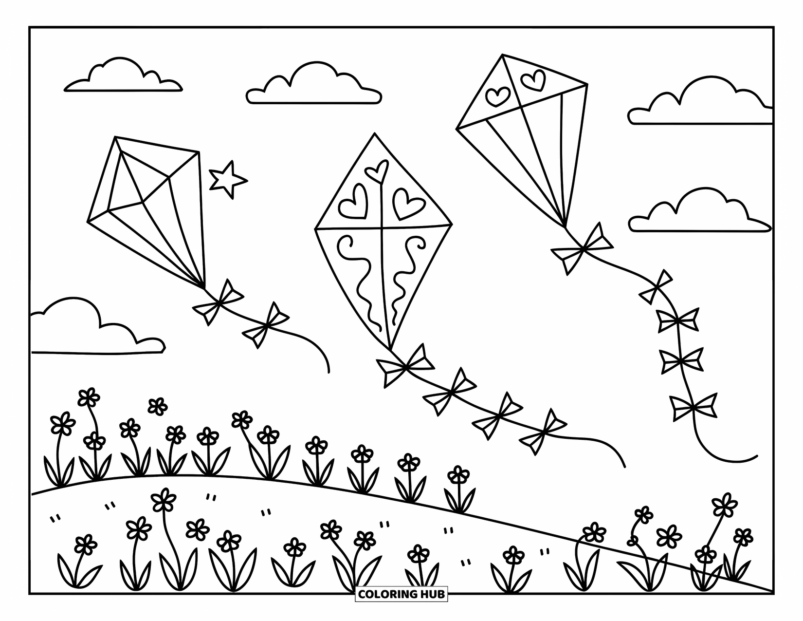 Kite Coloring Page for Adults: Kites with hearts and stars fly over a sunny hill of tiny flowers
