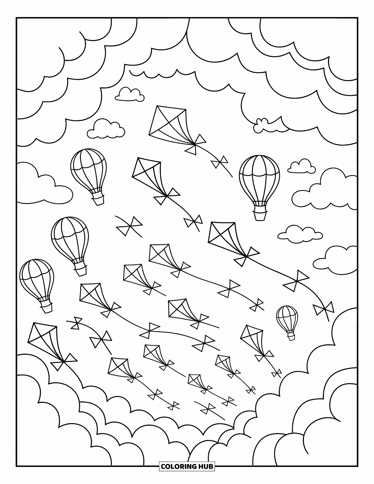 Kite Coloring Page for Adults: Playful kites and balloons dance among big, puffy clouds in the sky