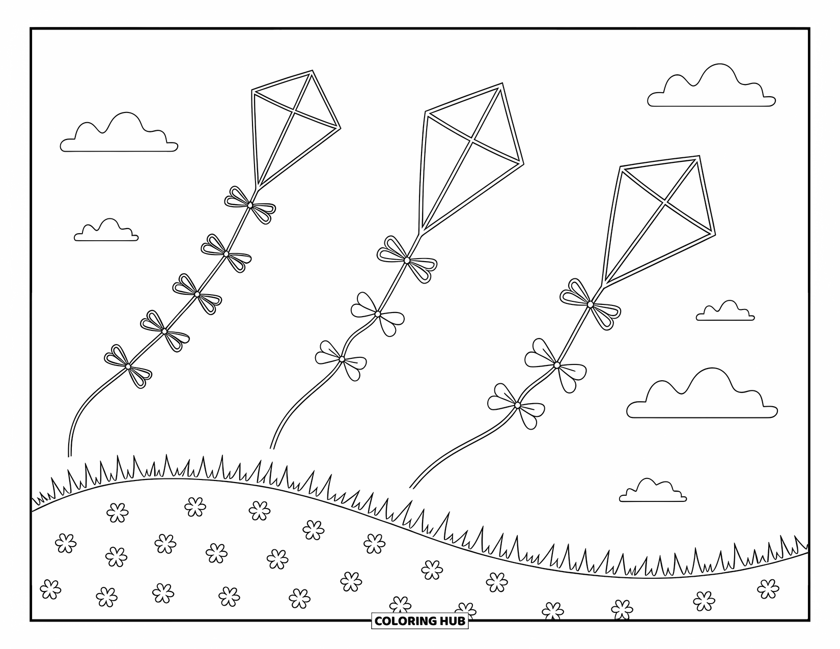 Kite Coloring Page for Adults: Three playful kites soar over a gentle hill under fluffy clouds
