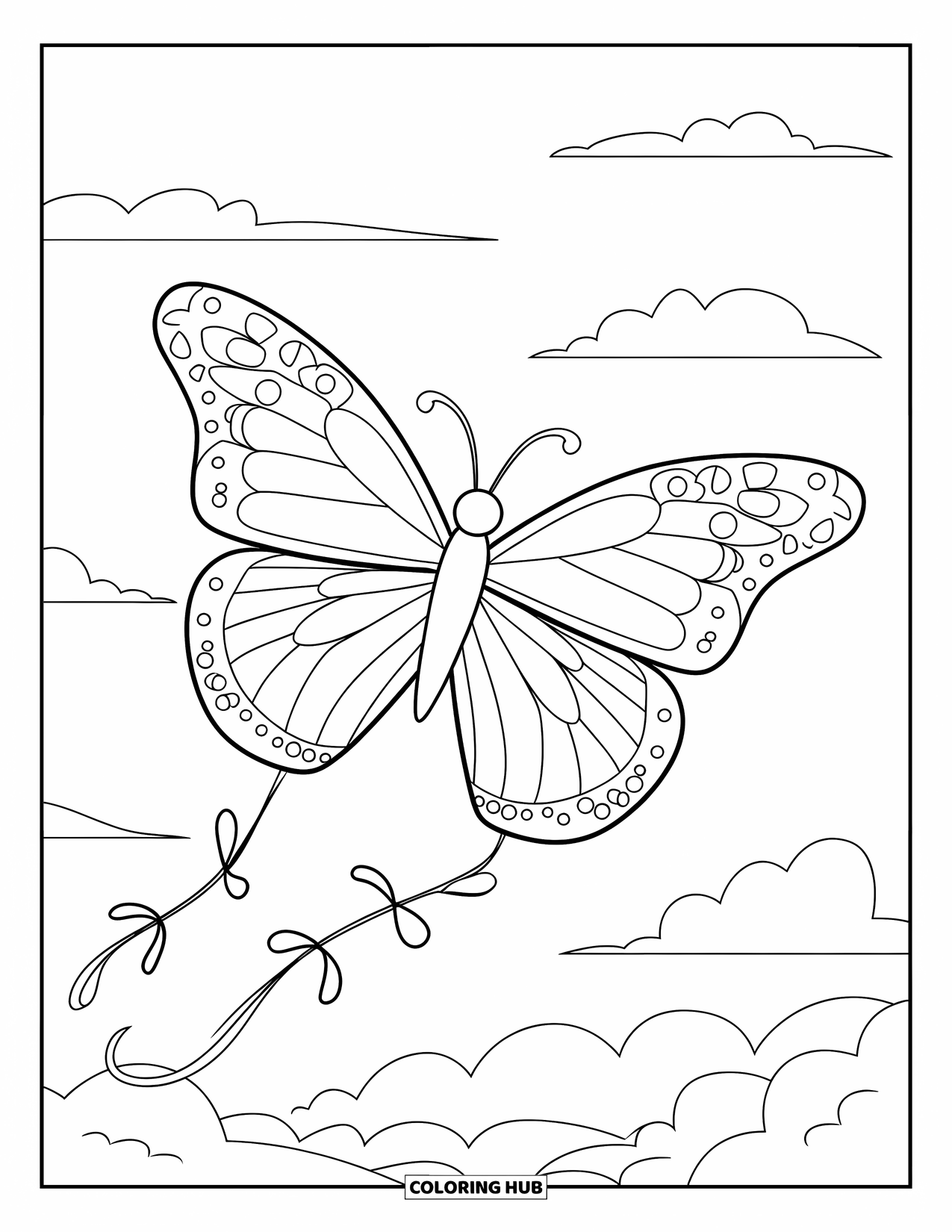 Kite Coloring Page for Kids: A butterfly kite with swirling breeze lines and gentle clouds