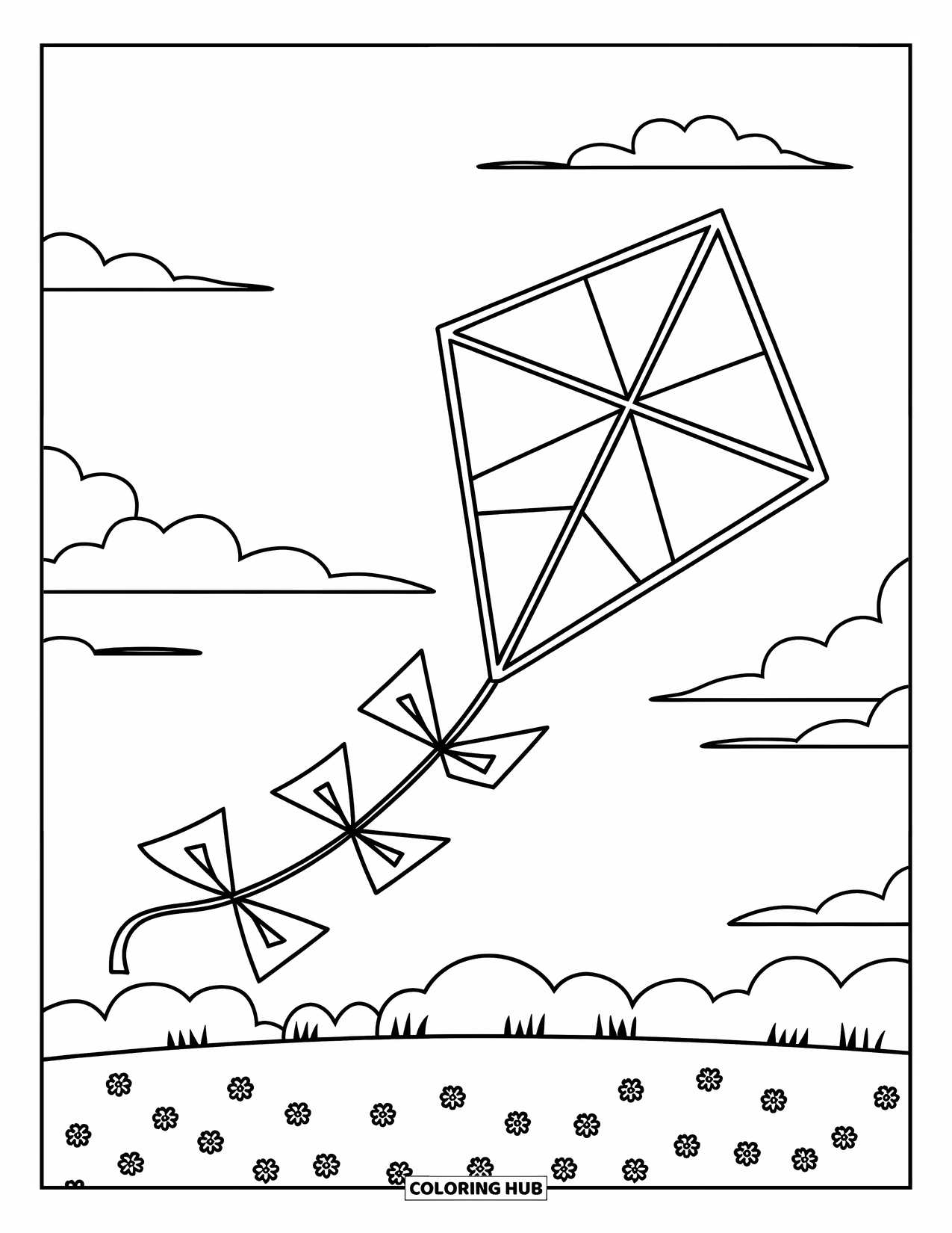 Kite Coloring Page for Kids: A diamond-shaped kite flying high over flowers and fluffy clouds