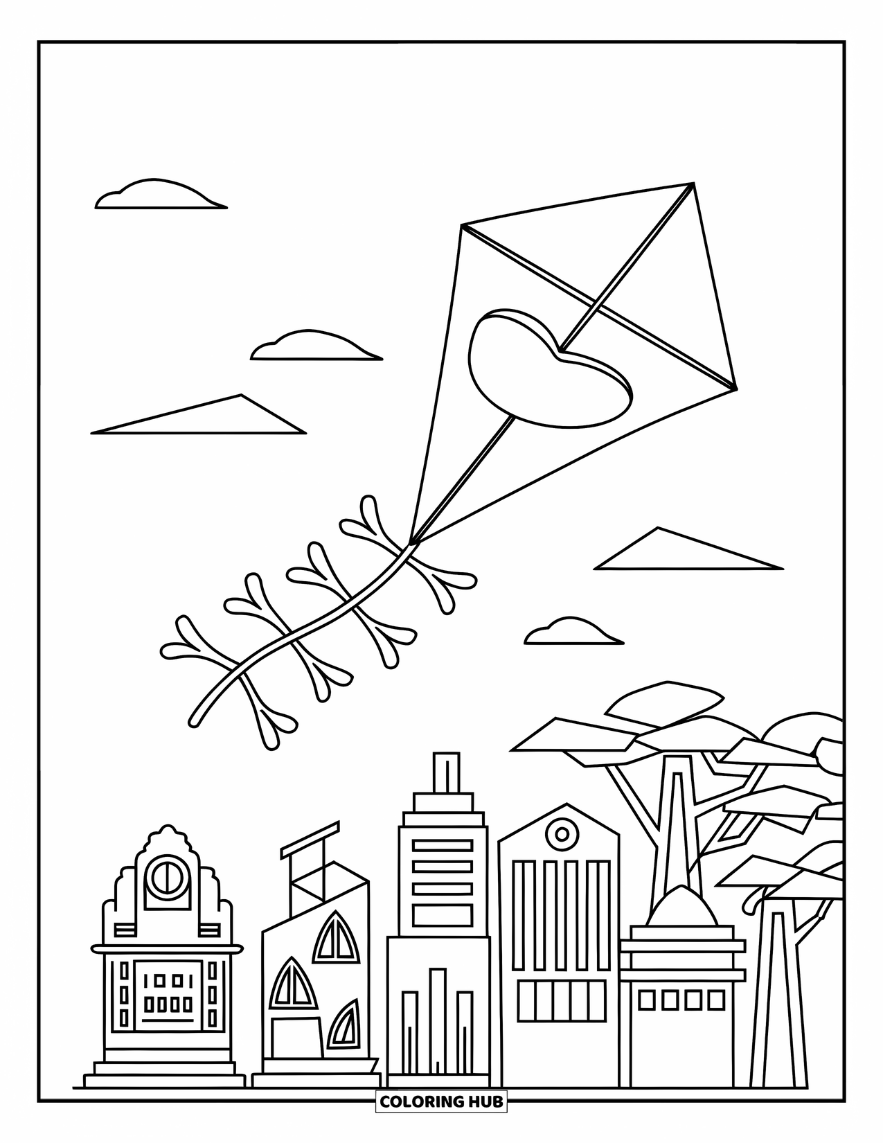 Kite Coloring Page for Kids: A kite flying over tall, whimsical city buildings and trees
