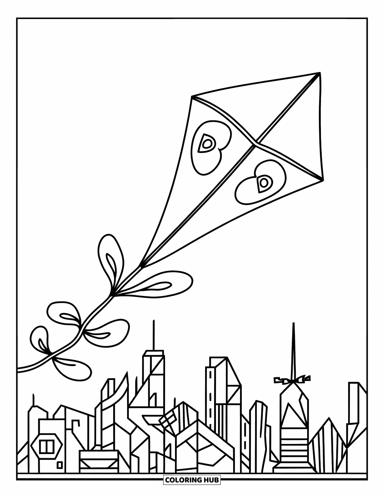 Kite Coloring Page for Kids: A kite soaring above a stylized city skyline