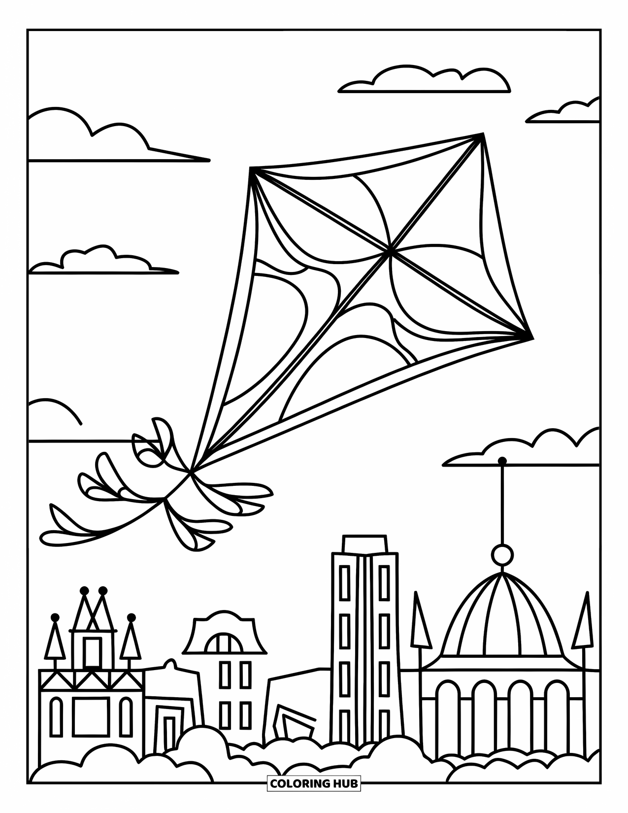 Kite Coloring Page for Kids: A kite with a smiling face flying over castle-shaped buildings
