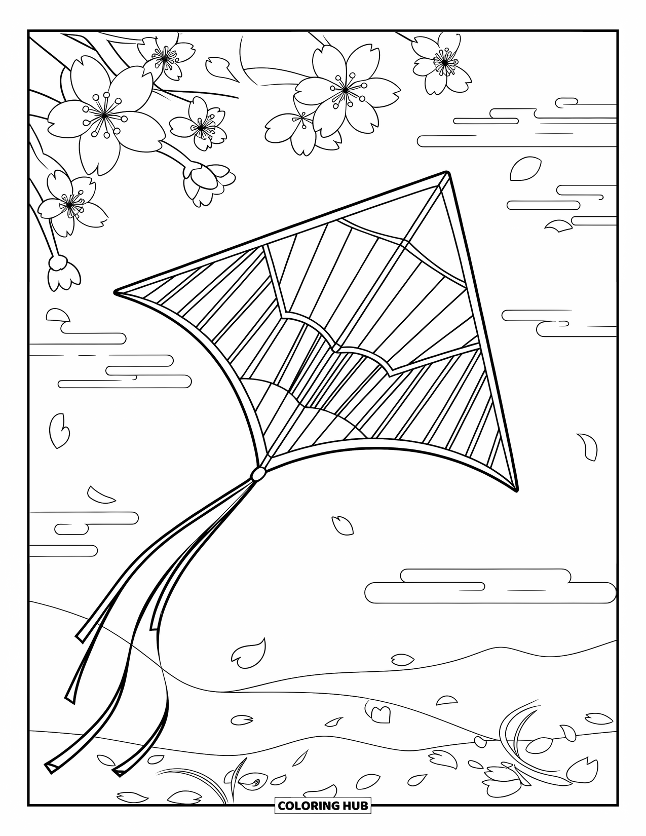 Kite Coloring Page for Kids: A rokkaku kite flying near blooming cherry trees and petals