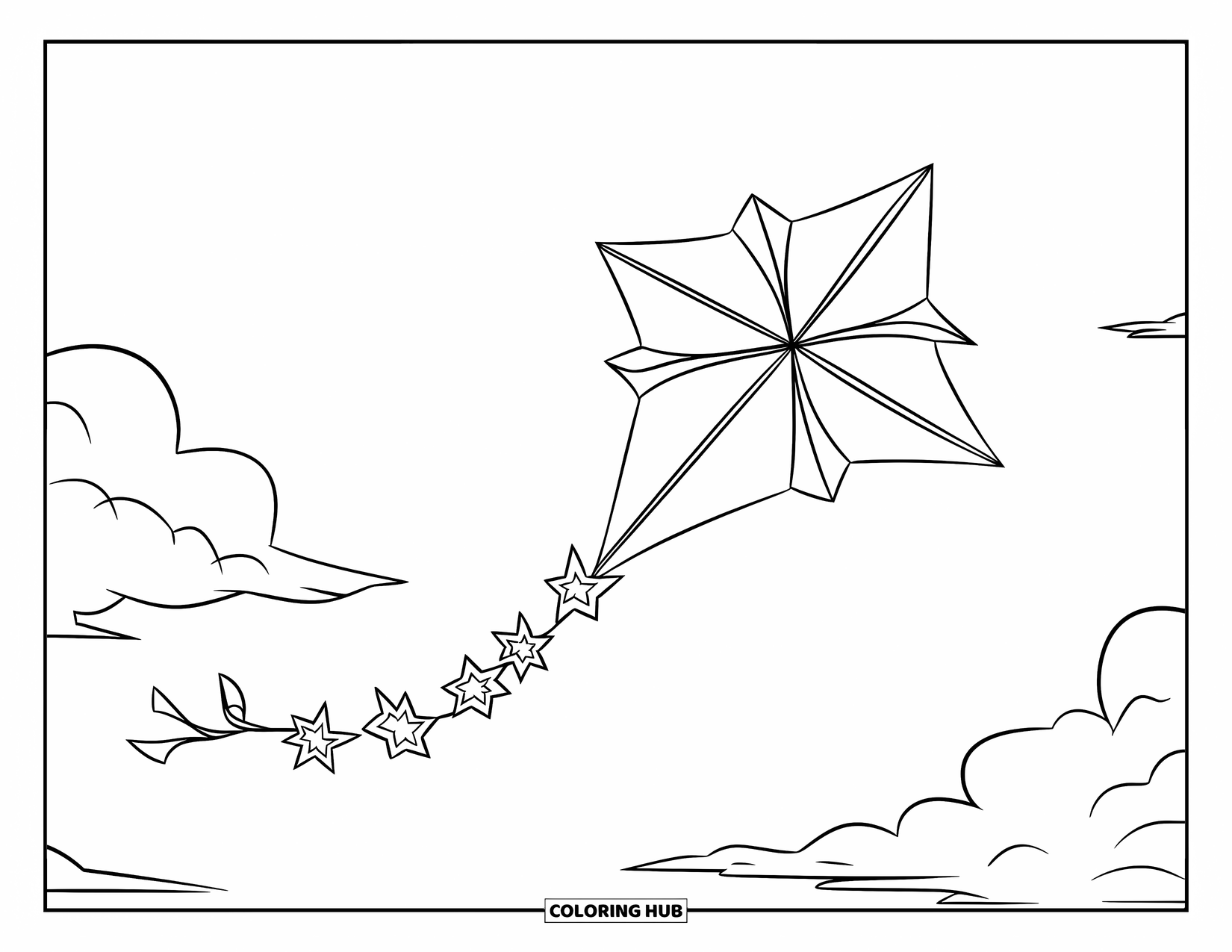 Kite Coloring Page for Kids: A star kite flying with a sparkling tail in open skies