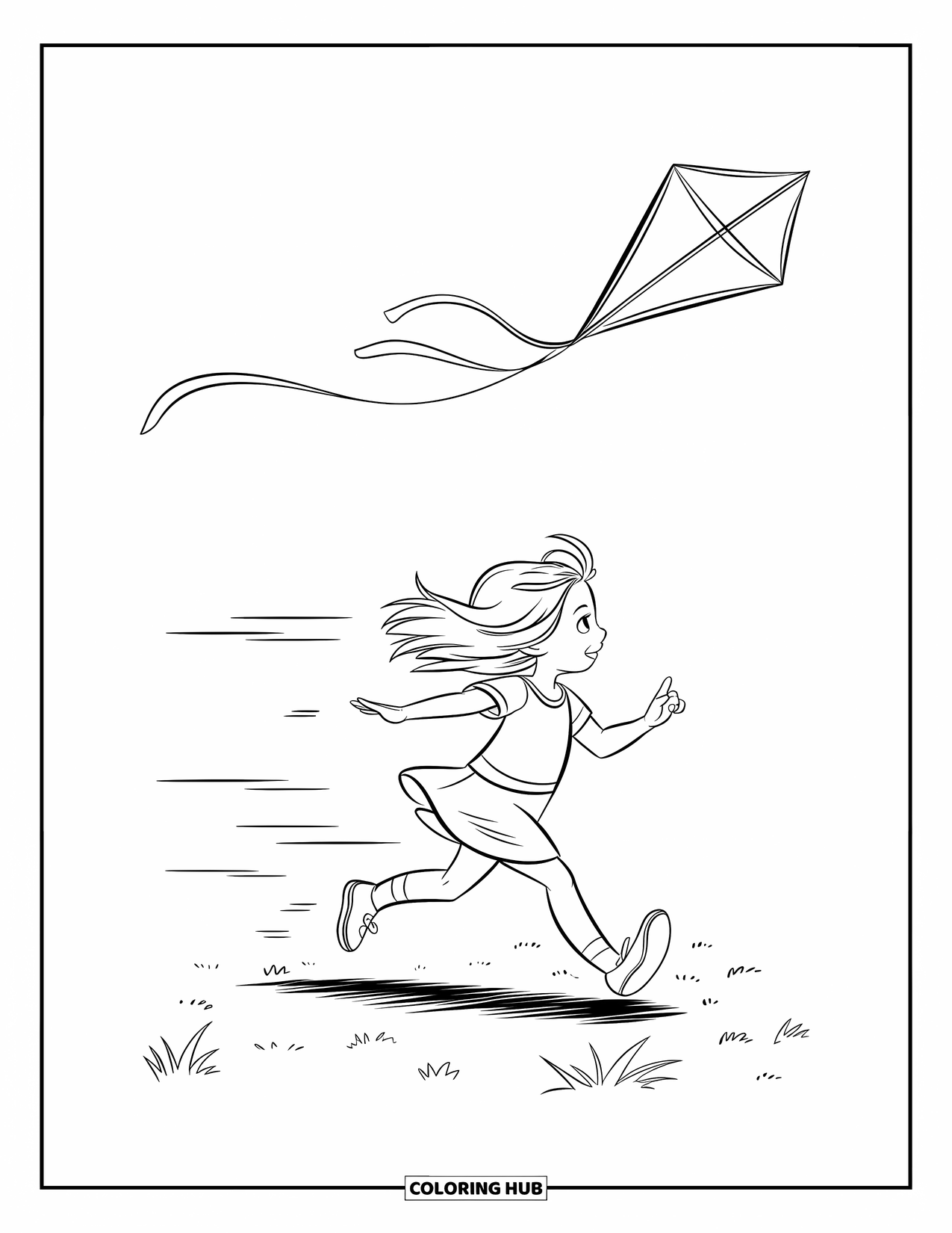 Kite Coloring Page for Kids: A windy scene with a girl running and kite fluttering above