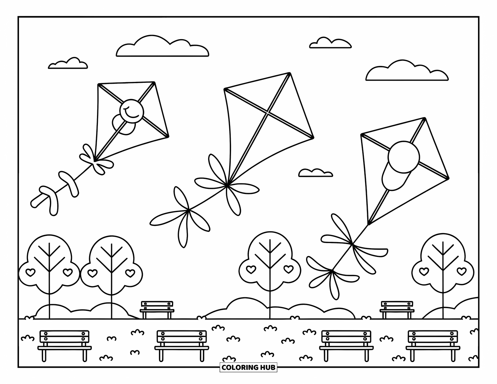 Kite Coloring Page for Kids: Different kite designs soaring above a park with heart-shaped leaves