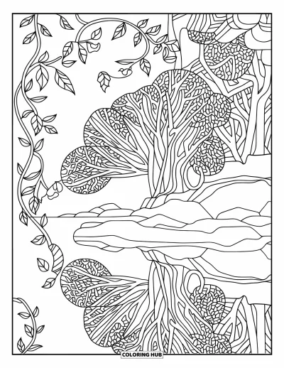 Landscape Scenery Coloring Page for Adults: A calm lakeside forest with mirrored water, trees, and leafy borders