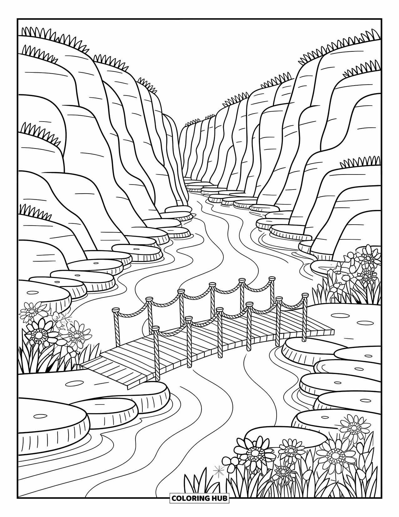 Landscape Scenery Coloring Page for Adults: A calm river flows through a canyon beneath cliffs and tufts of grass
