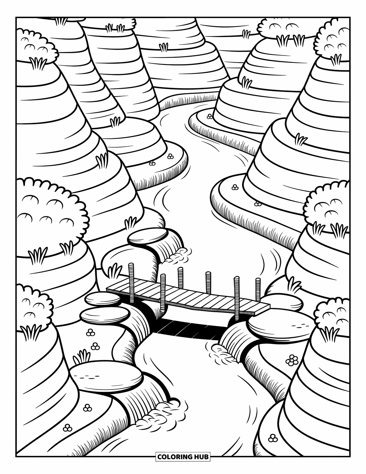Landscape Scenery Coloring Page for Adults: A canyon river winds between smooth cliffs with a rope bridge and tiny waterfalls