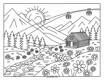 Landscape Scenery Coloring Page for Adults: A cozy alpine scene with mountains, pine trees, cable cars, and a cabin by a stream