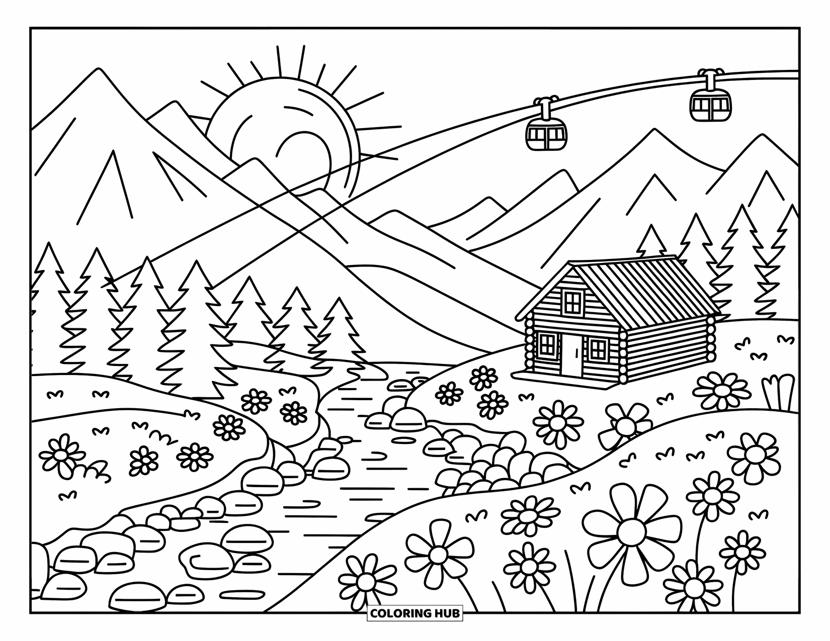 Landscape Scenery Coloring Page for Adults: A cozy alpine scene with mountains, pine trees, cable cars, and a cabin by a stream