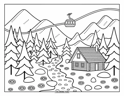 Landscape Scenery Coloring Page for Adults: A cute mountain scene with cable cars gliding above a cabin and flowery meadow