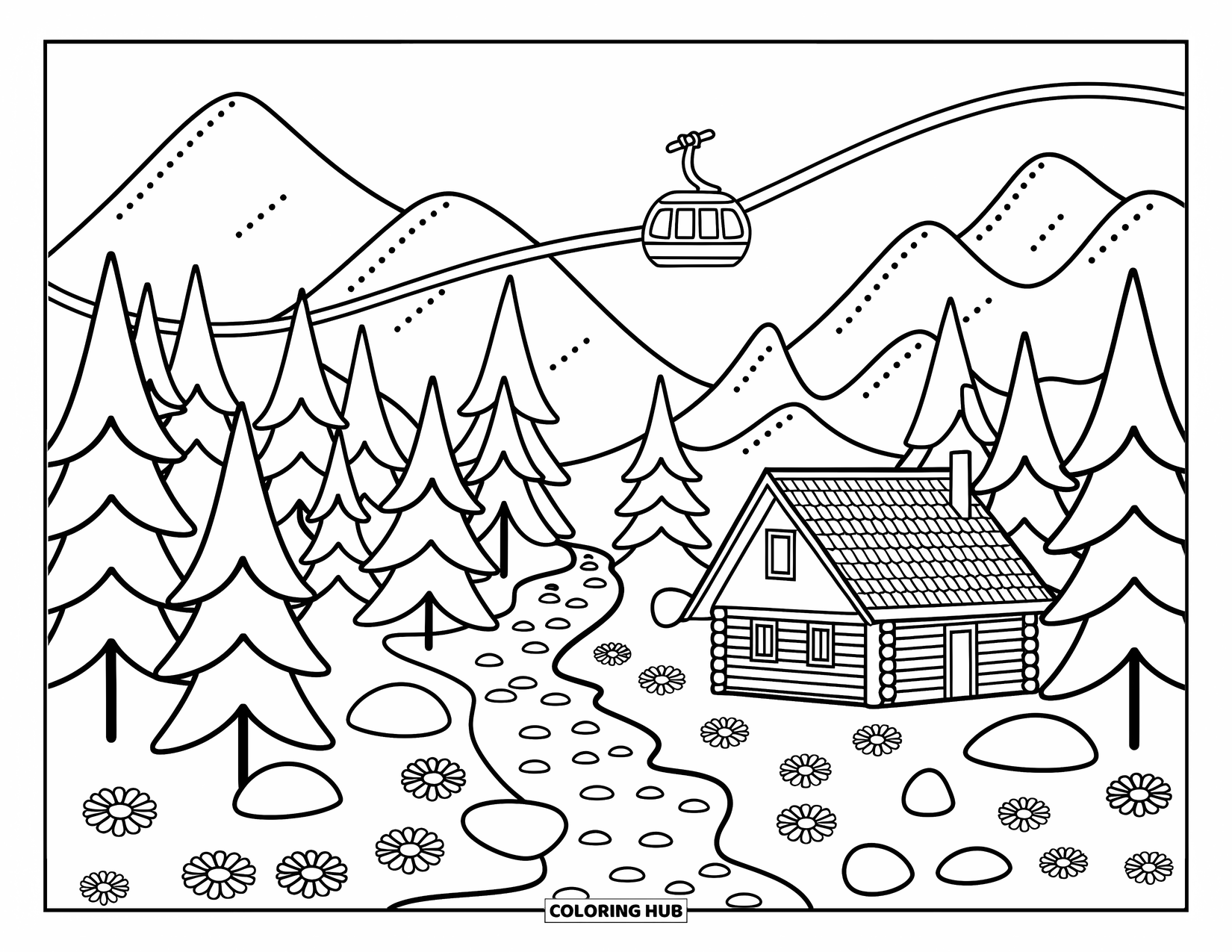 Landscape Scenery Coloring Page for Adults: A cute mountain scene with cable cars gliding above a cabin and flowery meadow