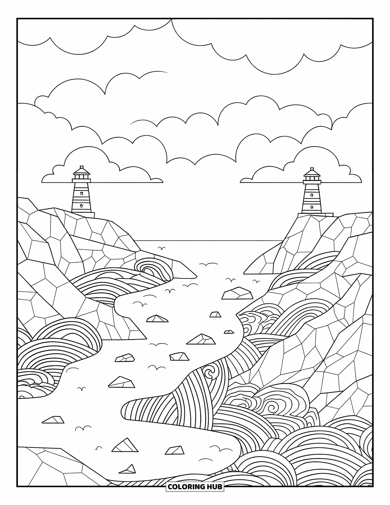 Landscape Scenery Coloring Page for Adults: A jagged coastline with two lighthouses and mandala-style ocean waves