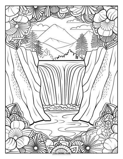 Landscape Scenery Coloring Page for Adults: A layered waterfall framed by intricate floral mandalas and mountain views