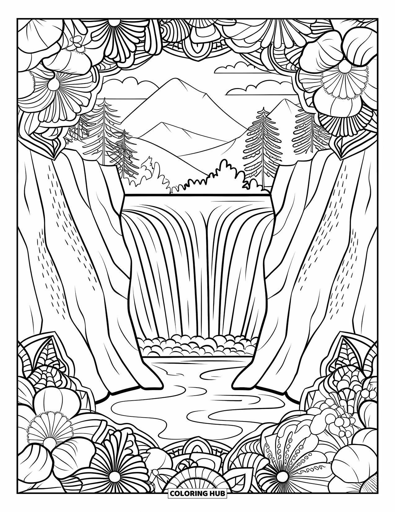 Landscape Scenery Coloring Page for Adults: A layered waterfall framed by intricate floral mandalas and mountain views