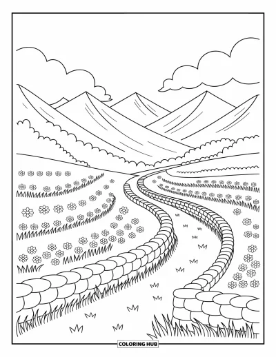 Landscape Scenery Coloring Page for Adults: A meadow of wildflowers and stone paths beneath softly rounded mountains