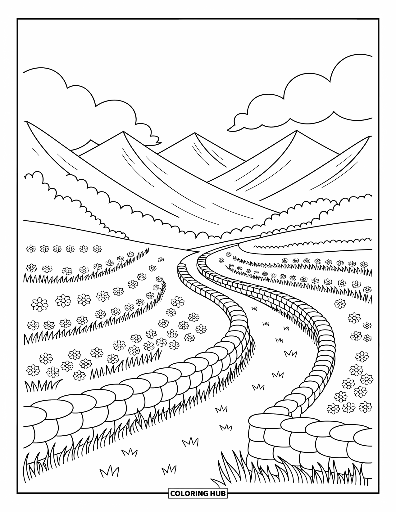 Landscape Scenery Coloring Page for Adults: A meadow of wildflowers and stone paths beneath softly rounded mountains