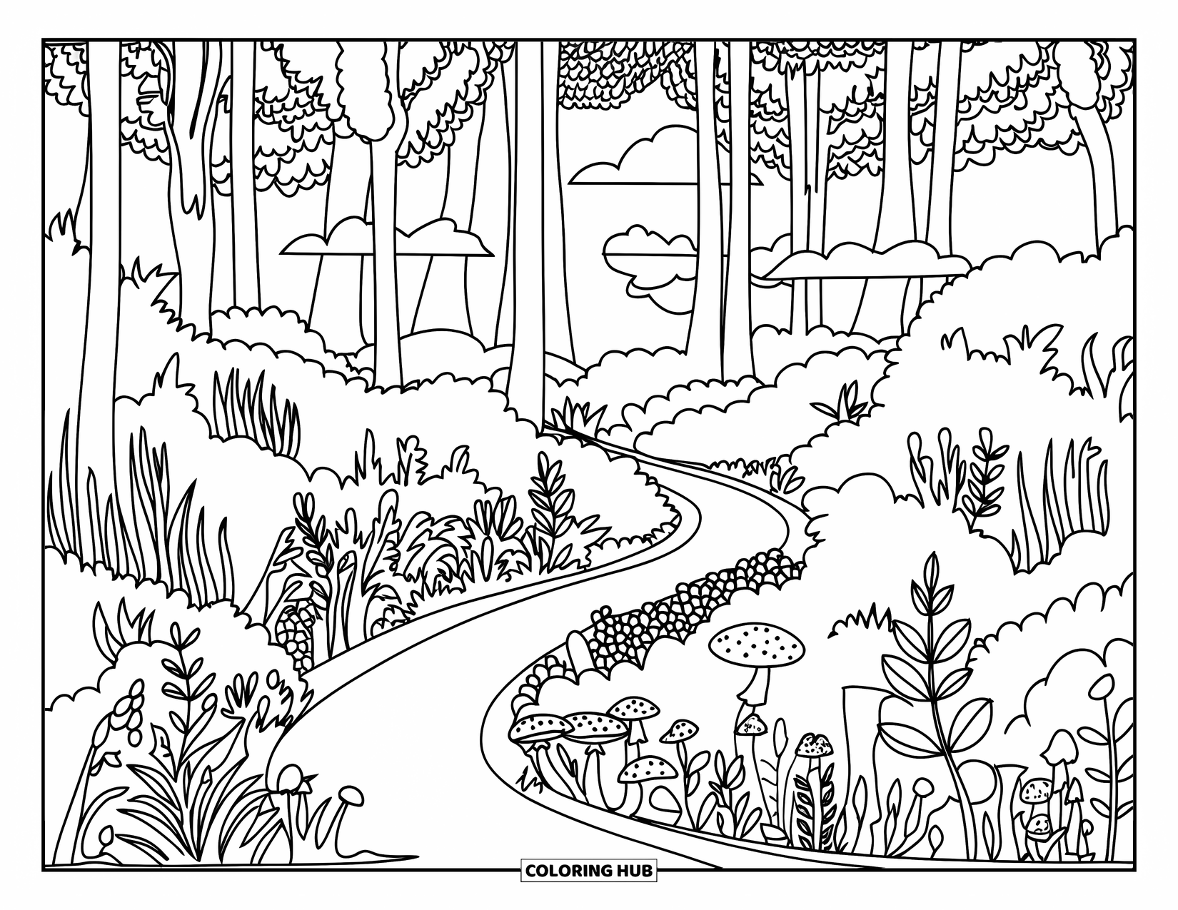 Landscape Scenery Coloring Page for Adults: A peaceful forest trail surrounded by plants, mushrooms, and calm mountain views