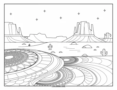 Landscape Scenery Coloring Page for Adults: A quiet desert scene with mesas, cacti, and intricate swirling sand mandalas