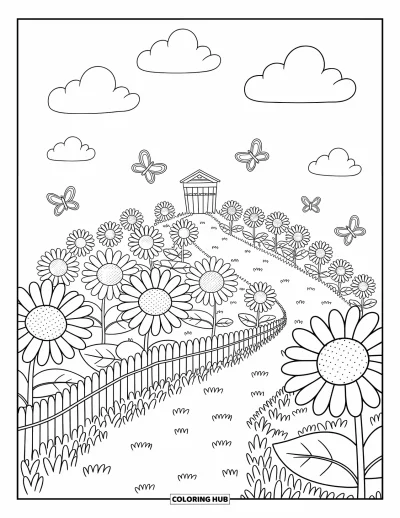 Landscape Scenery Coloring Page for Adults: A rounded hillside of sunflowers, butterflies, and a gate at the top