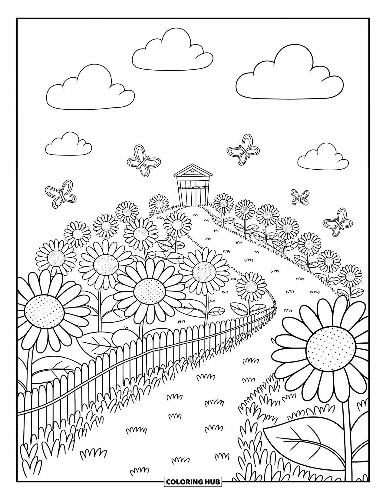 Landscape Scenery Coloring Page for Adults: A rounded hillside of sunflowers, butterflies, and a gate at the top