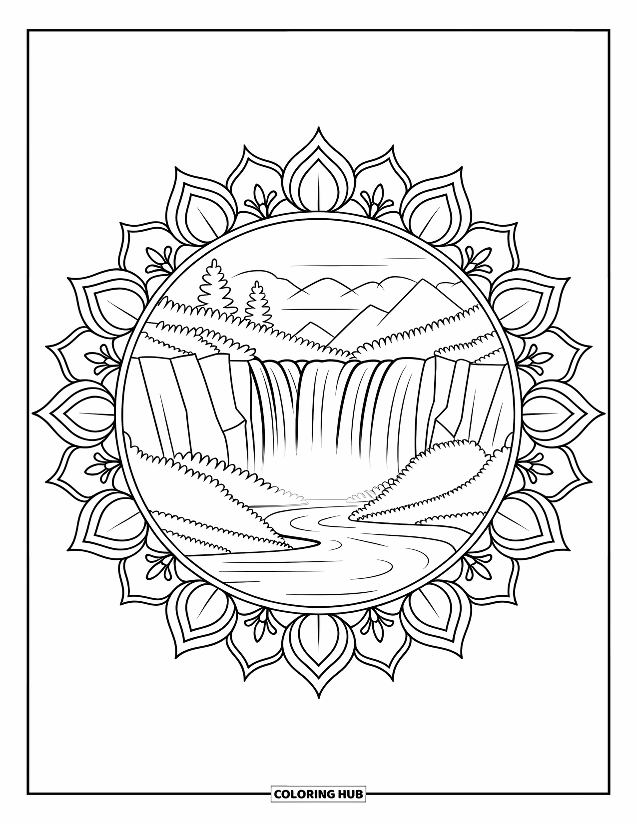 Landscape Scenery Coloring Page for Adults: A serene waterfall scene with cliffs, trees, and floral mandala borders