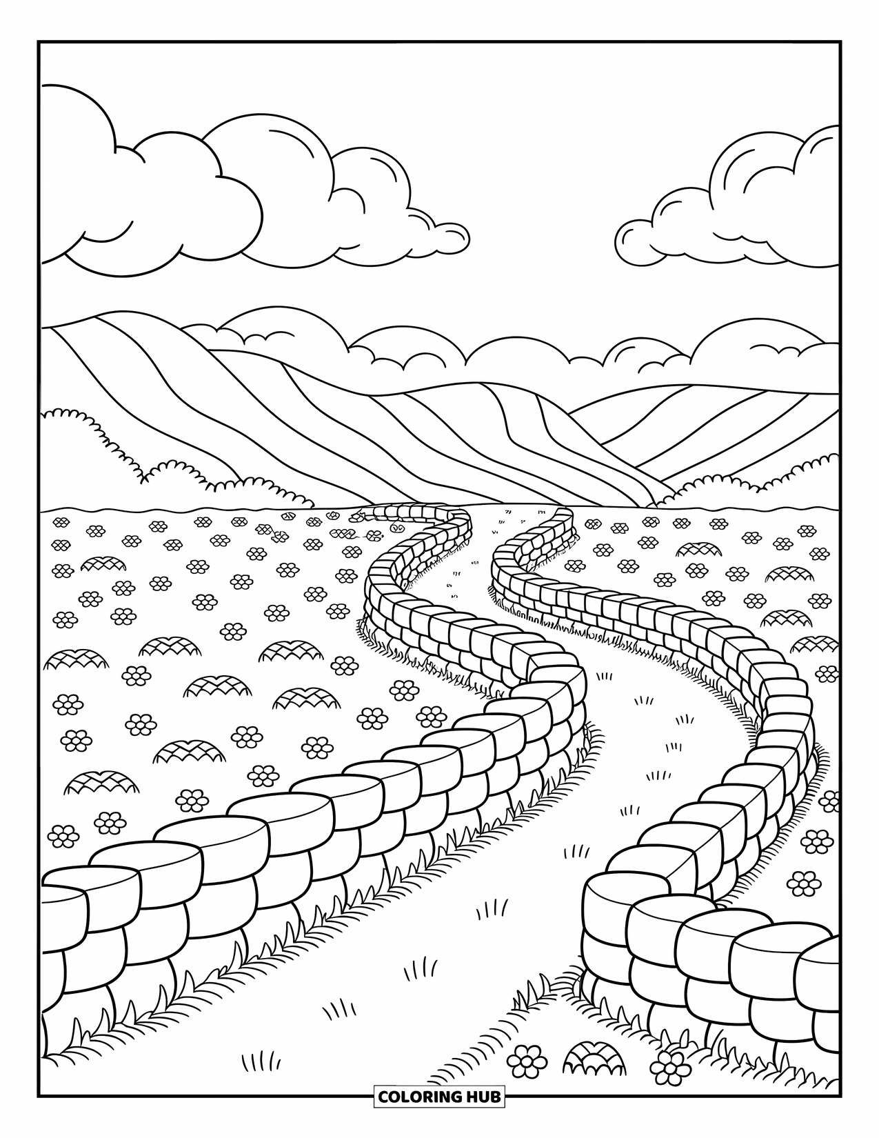 Landscape Scenery Coloring Page for Adults: A sloping flower field with winding walls, bushes, and warm mountain clouds