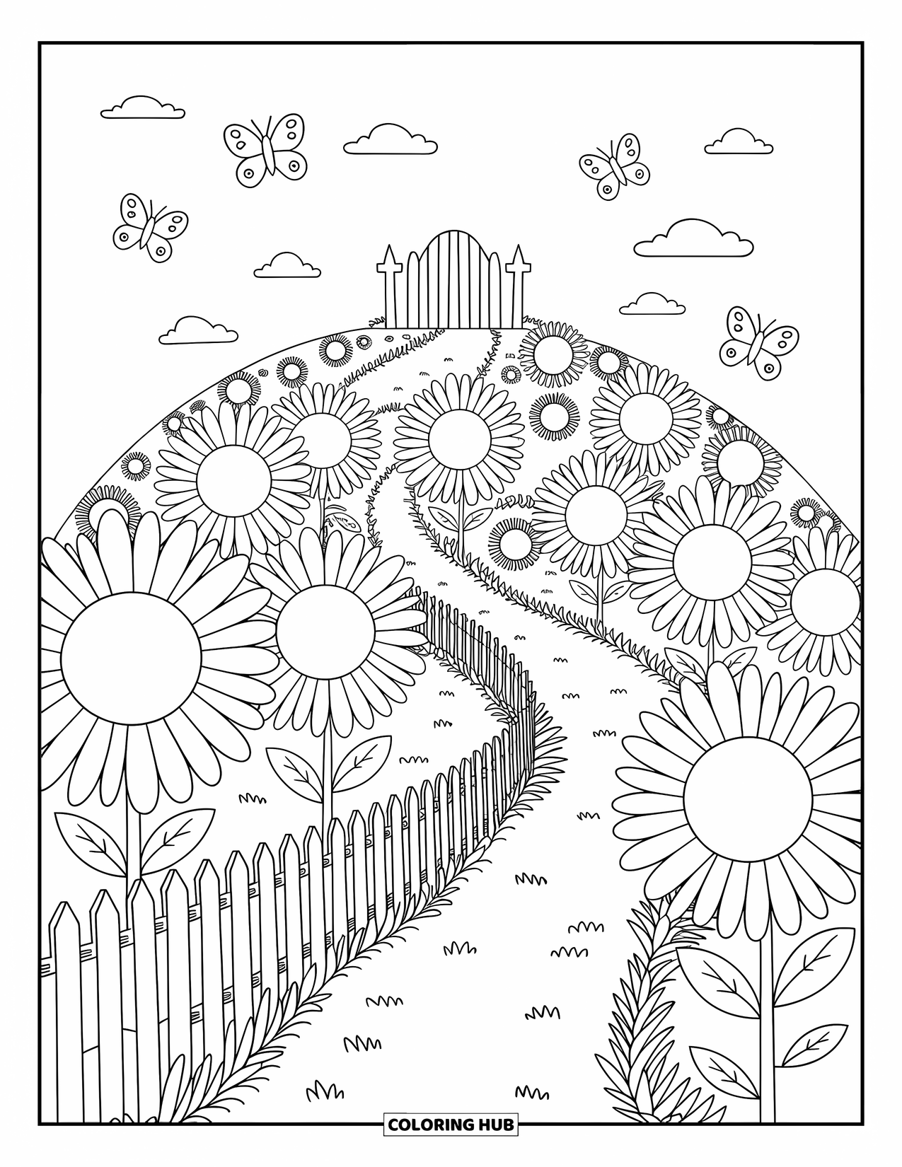 Landscape Scenery Coloring Page for Adults: A sunflower-covered hill with a fence, butterflies, and a winding path upward