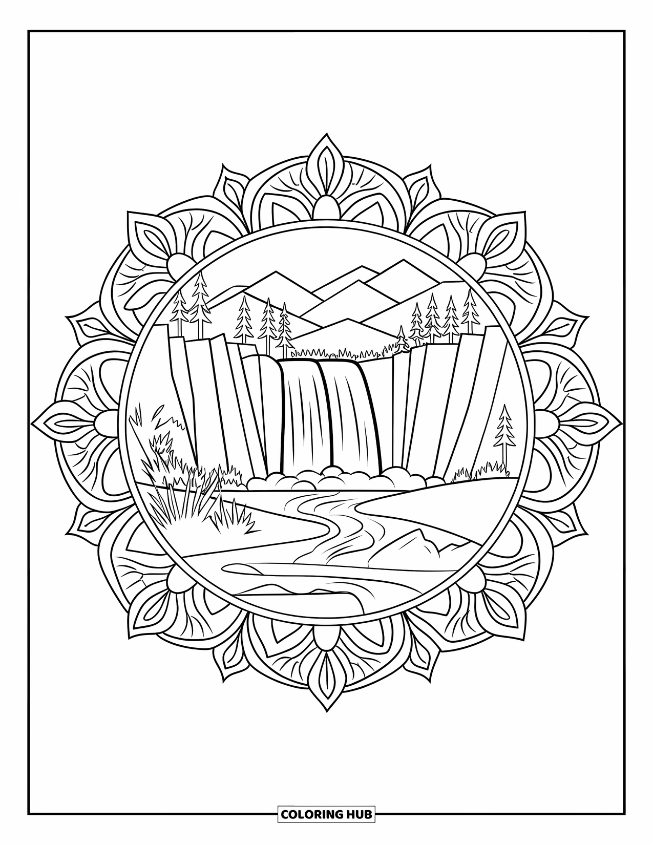 Landscape Scenery Coloring Page for Adults: A tall waterfall flows between cliffs framed by floral mandala designs