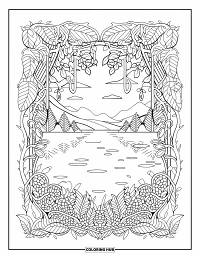 Landscape Scenery Coloring Page for Adults: A tranquil mirrored lake surrounded by trees and soft mountain scenery