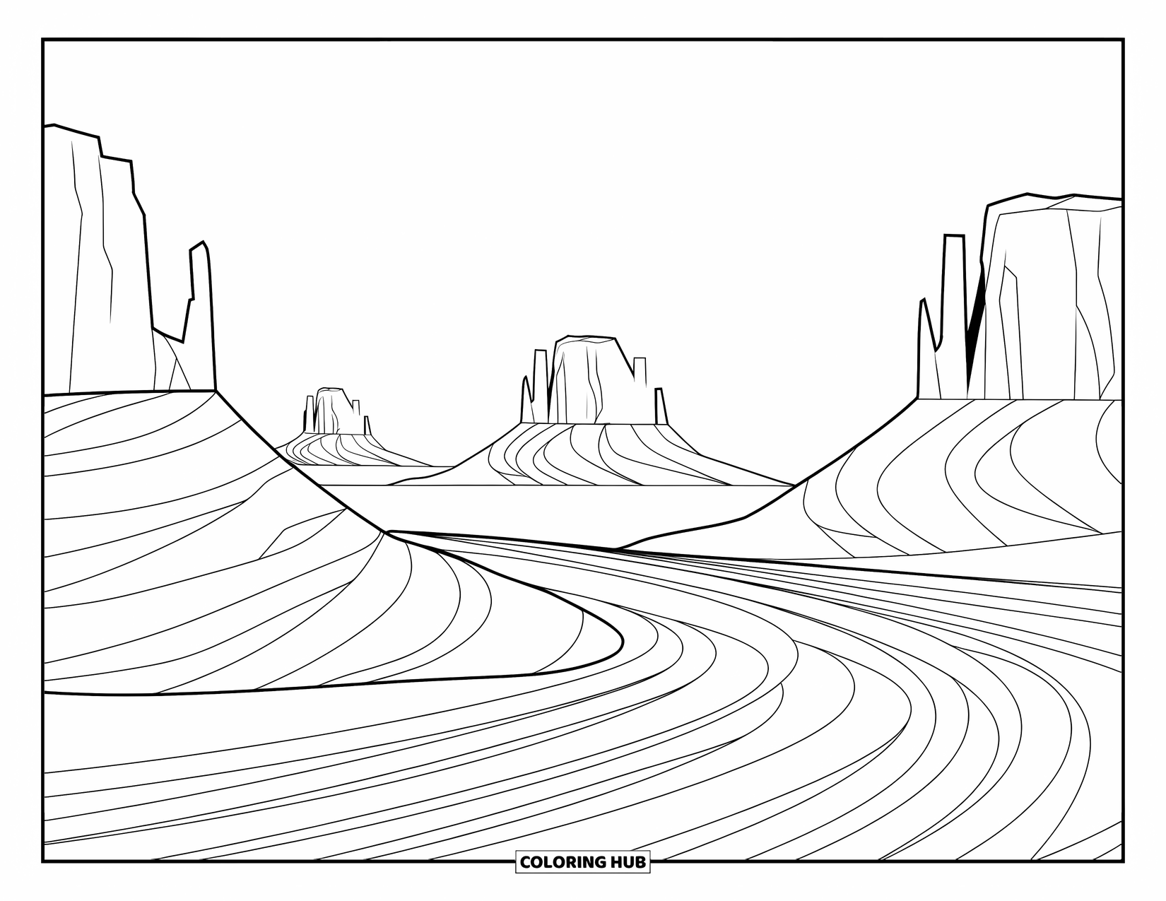 Landscape Scenery Coloring Page for Adults: A vast desert of mesas and sand mandalas with bold, clean outlines