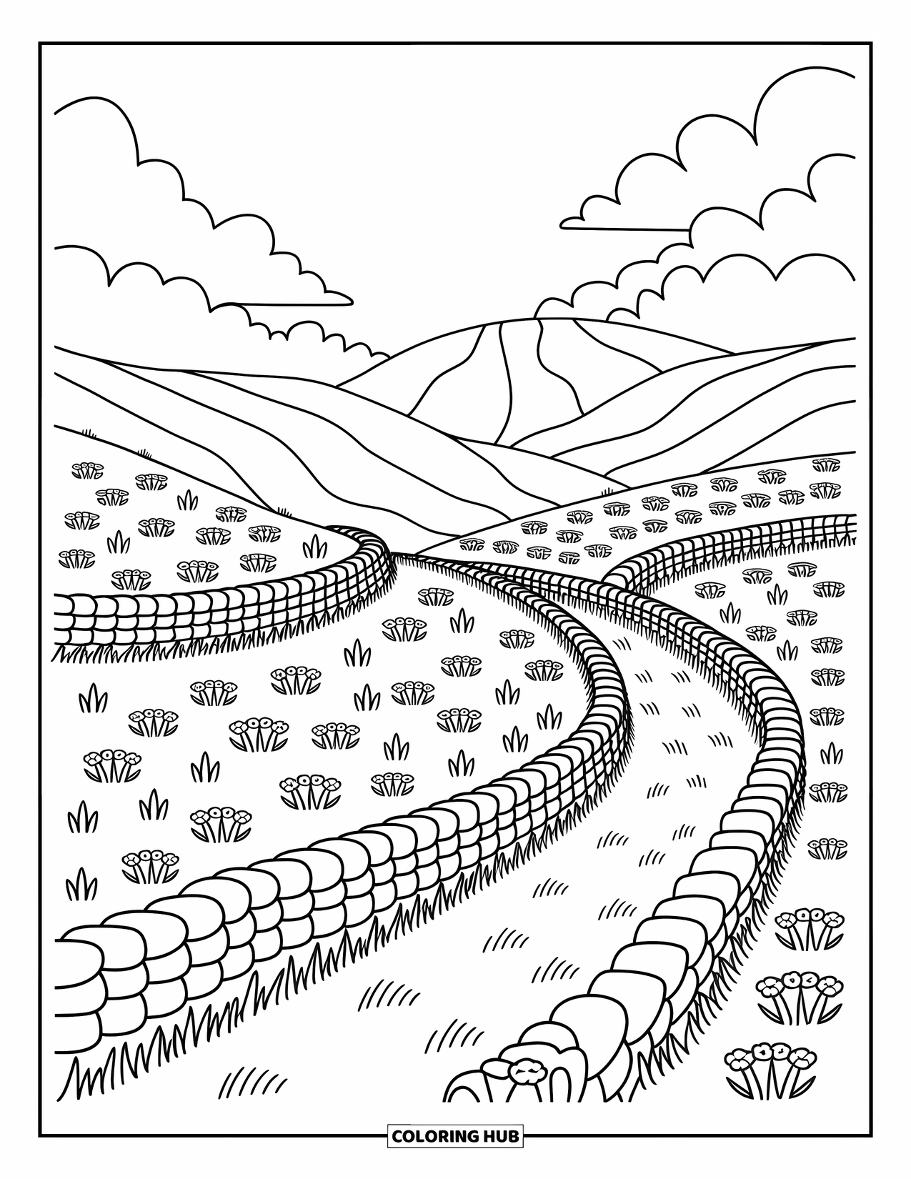 Landscape Scenery Coloring Page for Adults: A vast field of flowers and stone walls leading to distant, cozy mountains