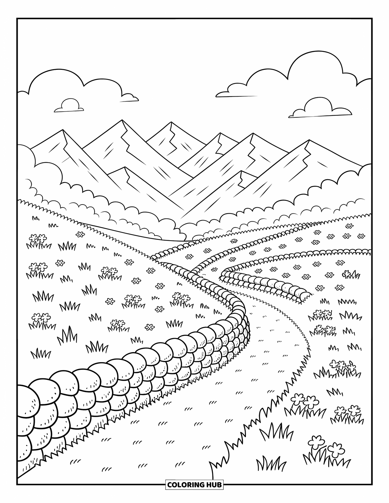 Landscape Scenery Coloring Page for Adults: A wildflower meadow stretches toward soft, rounded mountains under fluffy clouds