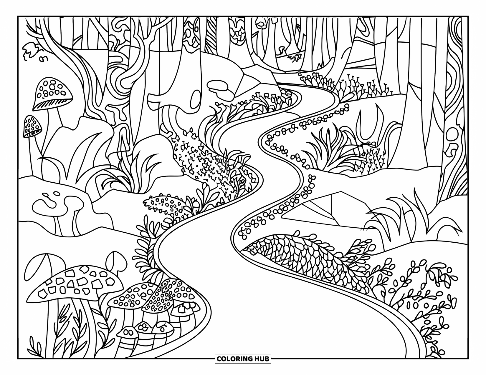 Landscape Scenery Coloring Page for Adults: A winding forest path with trees, flowers, and a small wooden bridge