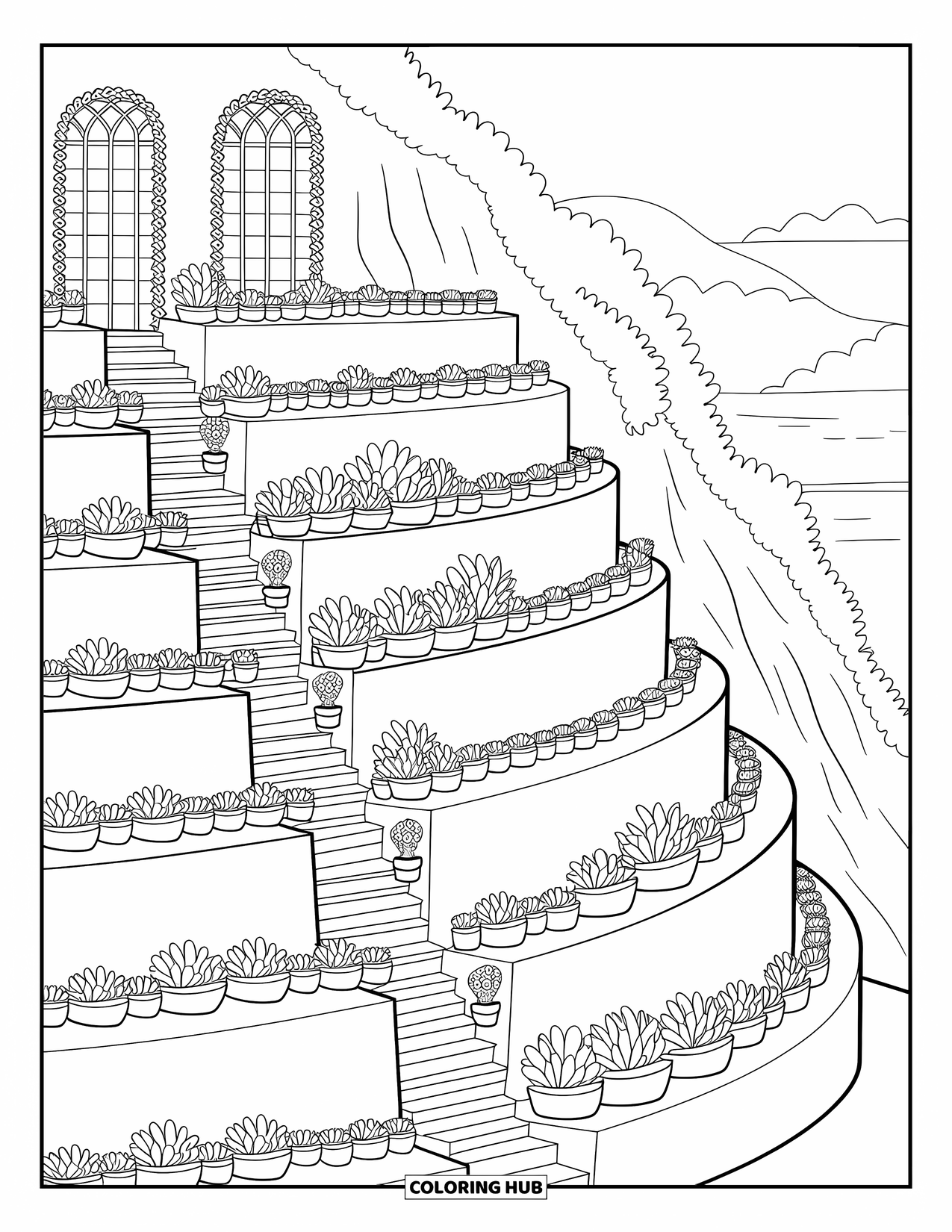 Landscape Scenery Coloring Page for Adults: Curved garden terraces rise along a cliff with vines, pots, and rounded hedges