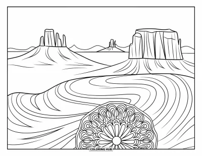 Landscape Scenery Coloring Page for Adults: Mesas and sand mandalas fill a serene desert beneath a starry sky