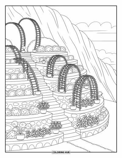 Landscape Scenery Coloring Page for Adults: Terraced gardens climb a cliff with trellises, plants, and curved stone walls